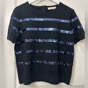Tory Burch L Sequin Stripe Short Sleeve Wool Blend Sweater Holiday Fall Winter